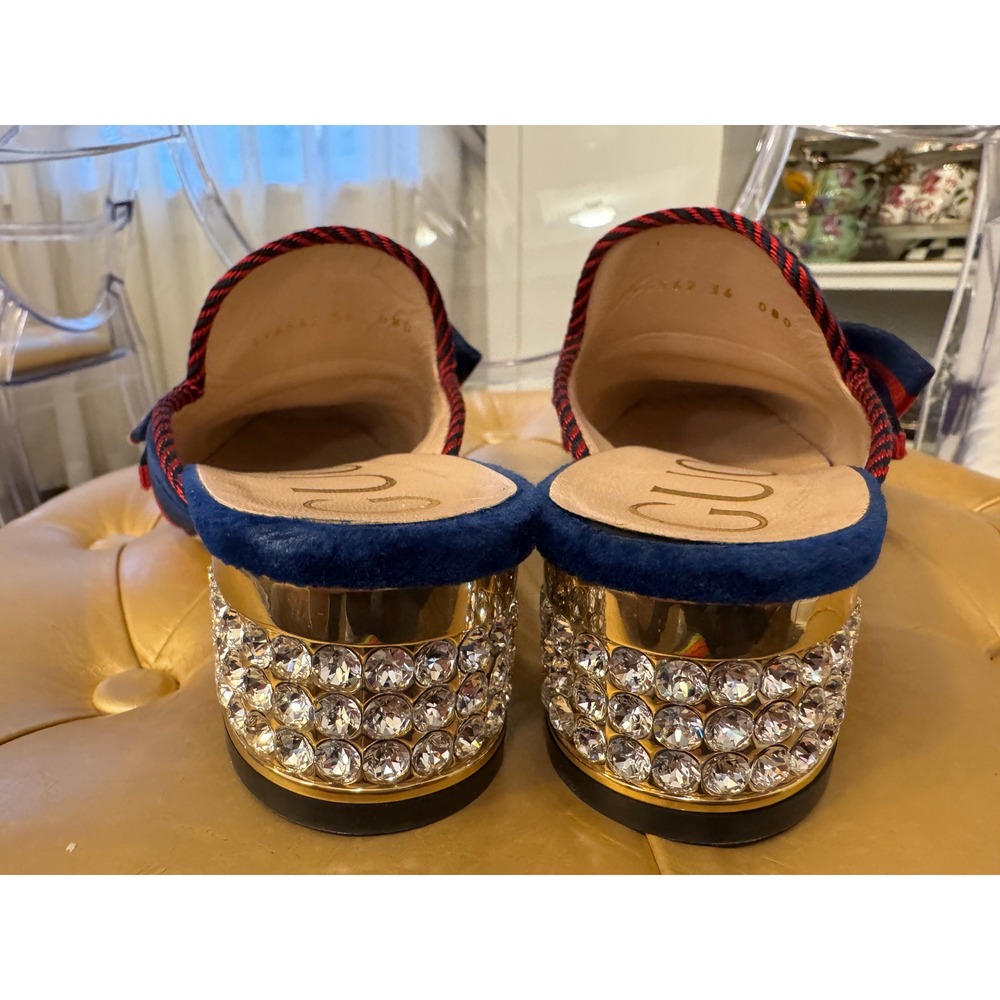 Gucci Velvet Bow Mule Heels Embellished Crystal Block Heel Slip On Shoes 36 - Picture 7 of 8